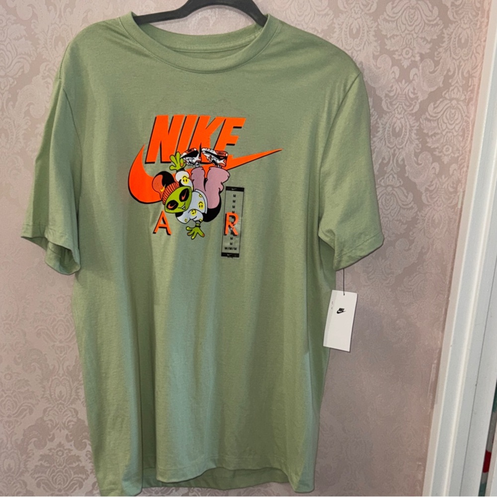 Nike Light Green Graphic Logo Short Sleeve Tee with Neon Orange Accents